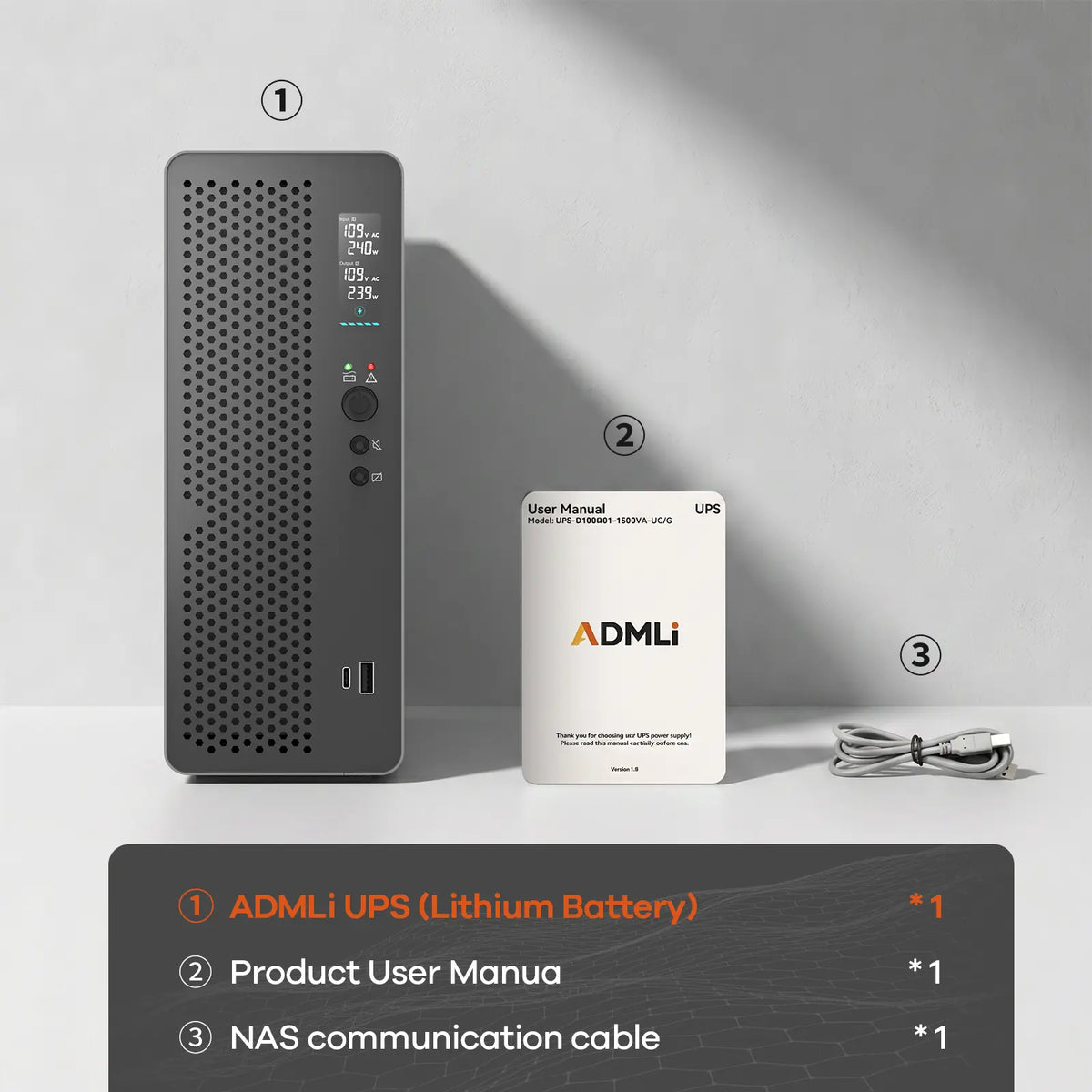 ADMLi 1500VA/ 1000W UPS Lithium Backup Battery Grey